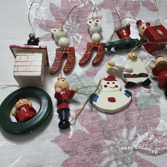 Vtg Wooden Mini Christmas Ornaments Lot 12pcs German Taiwan Clock Mouse Chimney - Picture 10 of 11